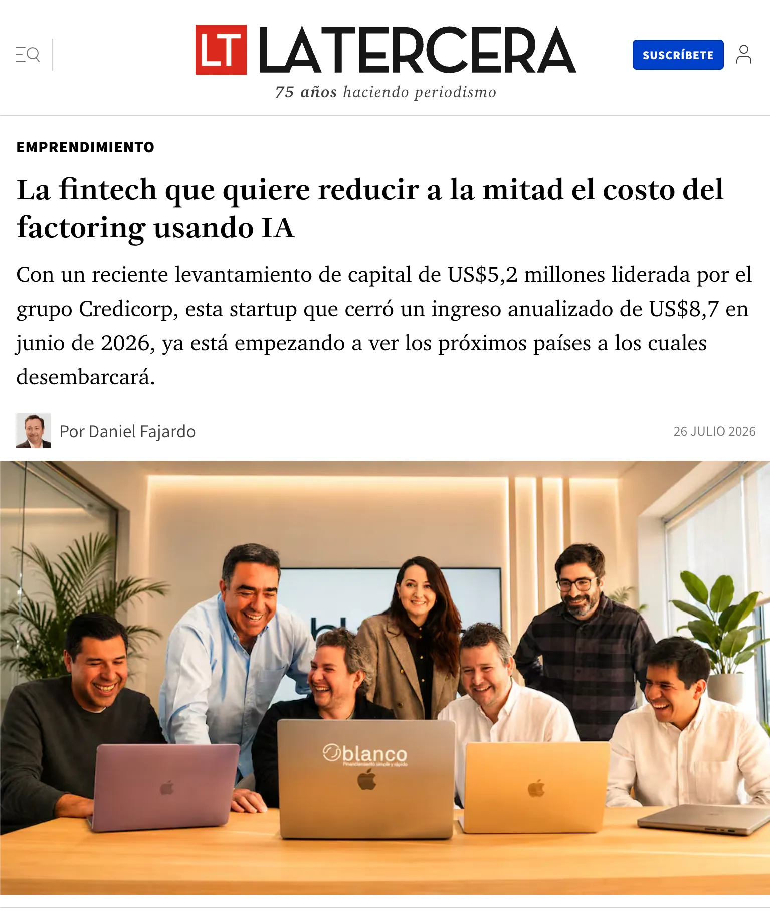 La Tercera — reportaje sobre Blanco: -50% costo factoring con IA